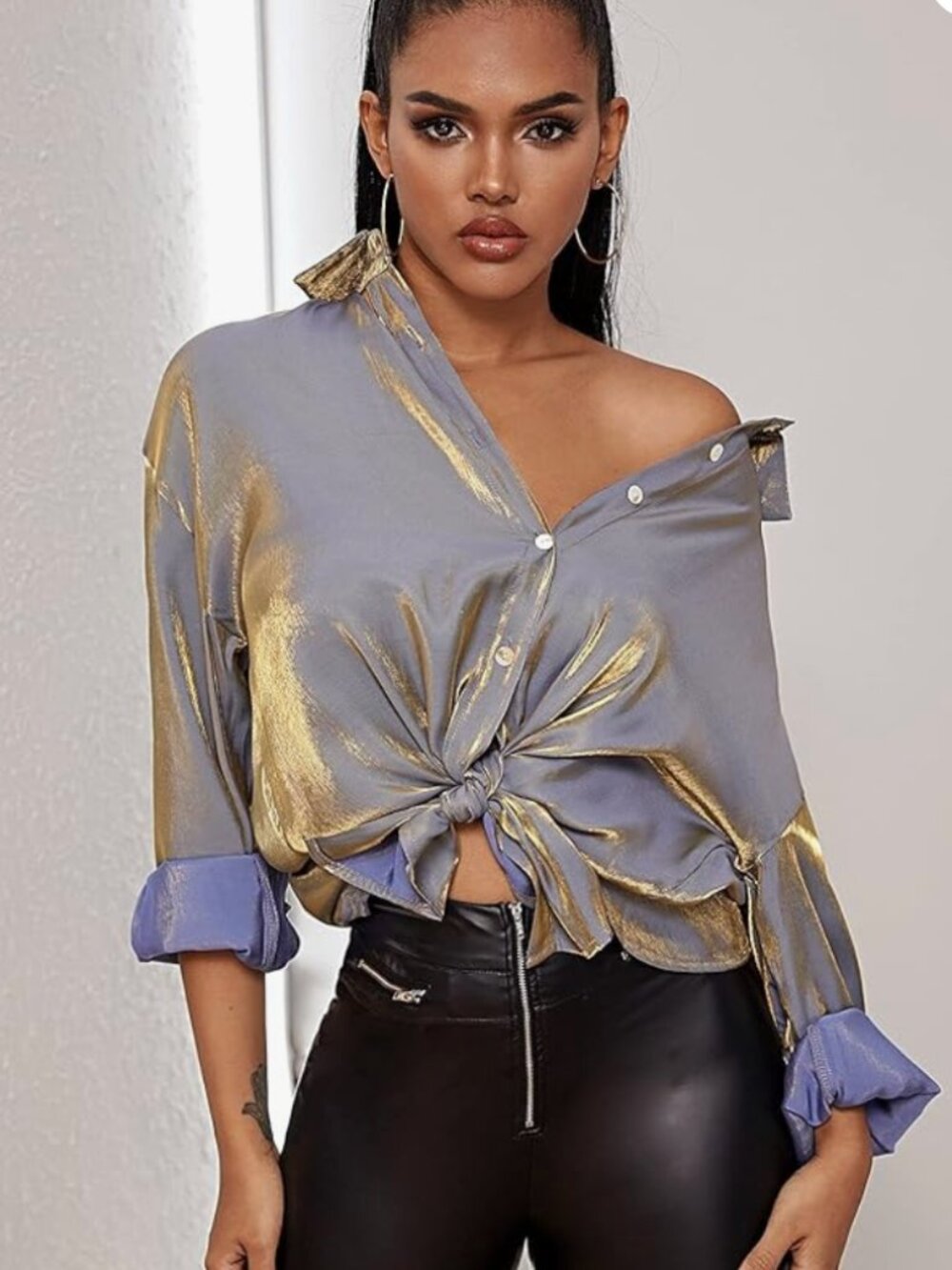 Satin Metallic Button Down Blouse | Size S | Never Worn